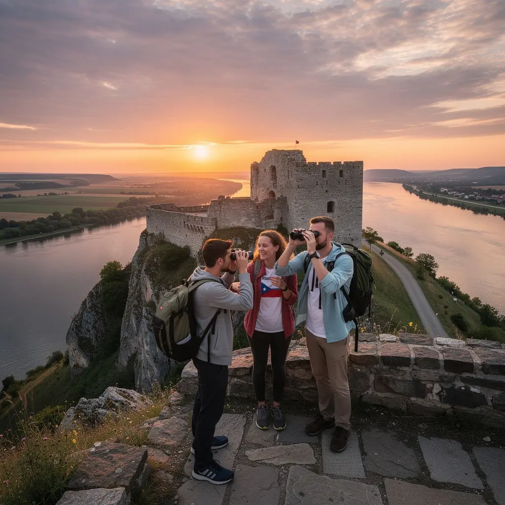 A charming cobblestone street in Bratislava, lined with colorful historic buildings and local shops.